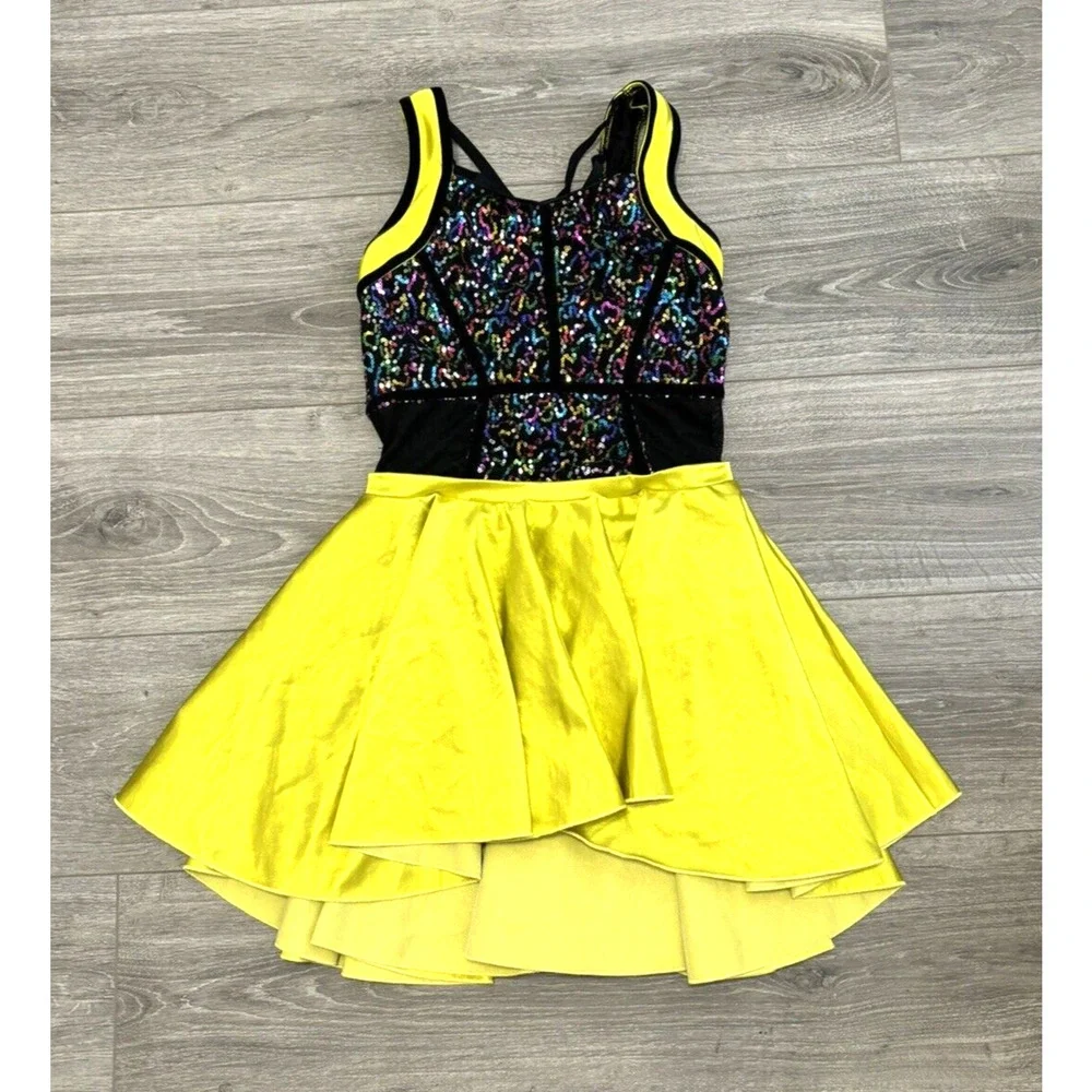 Girl's Dancewear Leotard Sequin Black Lime Green‎ Hi Low Dress Size SA Costume